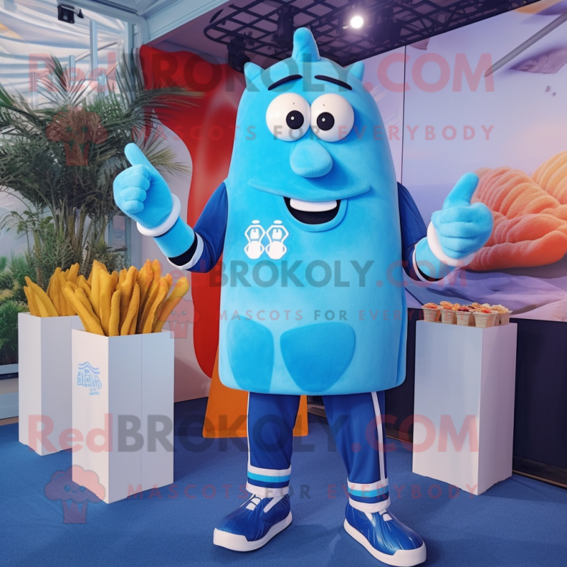 Blue French Fries mascot costume character dressed with a Rash Guard and Watches Blue French Fries mascot costume character dressed with a Rash Guard and Watches