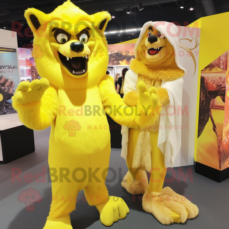 Lemon Yellow Werewolf mascot costume character dressed with a Bikini and Shawls