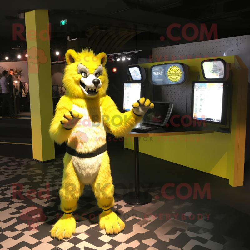 Lemon Yellow Werewolf mascot costume character dressed with a Bikini and Shawls Lemon Yellow Werewolf mascot costume character dressed with a Bikini and Shawls