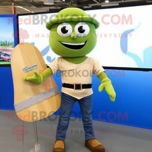 Olive Skateboard mascot costume character dressed with a Jeans and Belts