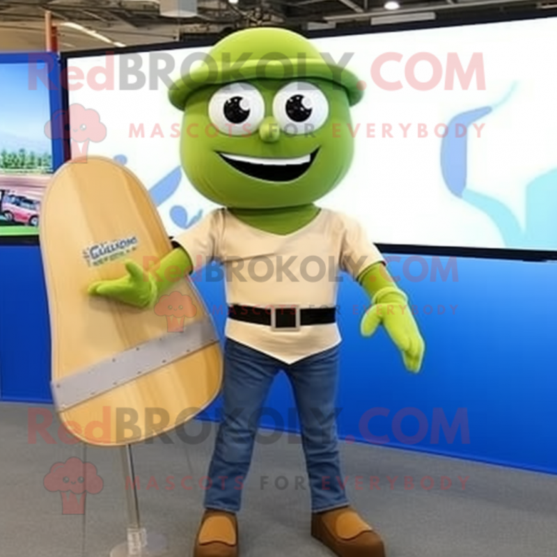 Olive Skateboard mascot costume character dressed with a Jeans and Belts Olive Skateboard mascot costume character dressed with a Jeans and Belts