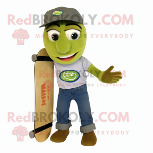 Olive Skateboard mascot costume character dressed with a Jeans and Belts