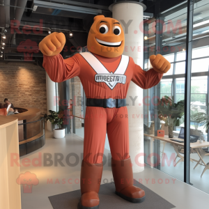 Rust Superhero mascot costume character dressed with a Dress Shirt and Suspenders
