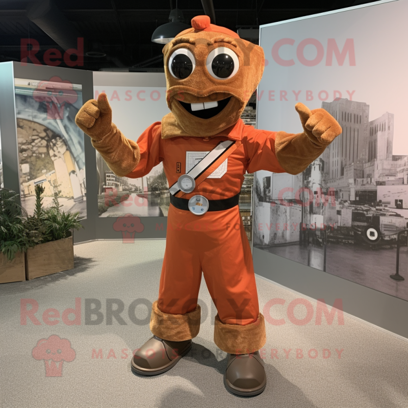 Rust Superhero mascot costume character dressed with a Dress Shirt and Suspenders