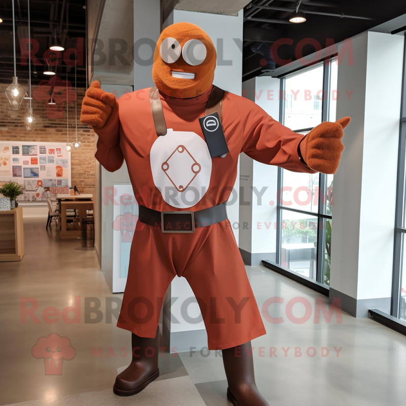 Rust Superhero mascot costume character dressed with a Dress Shirt and Suspenders