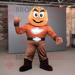 Rust Superhero mascot costume character dressed with a Dress Shirt and Suspenders