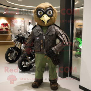 Olive Hawk mascot costume character dressed with a Biker Jacket and Clutch bags