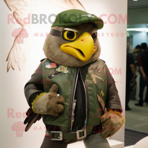 Olive Hawk mascot costume character dressed with a Biker Jacket and Clutch bags