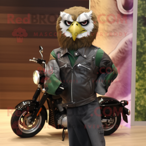 Olive Hawk mascot costume character dressed with a Biker Jacket and Clutch bags