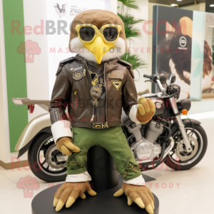 Olive Hawk mascot costume character dressed with a Biker Jacket and Clutch bags