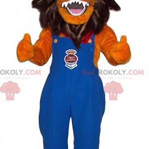 Leeuw mascotte in blauwe overall en pet - Redbrokoly.com