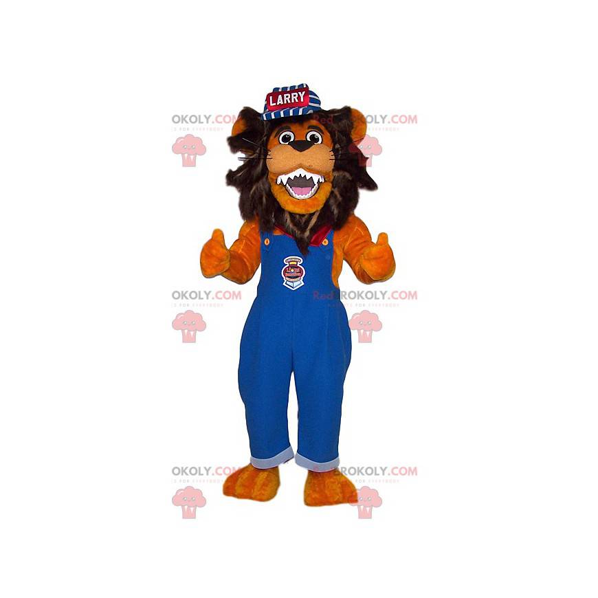 Mascota de león en mono azul y gorra - Redbrokoly.com