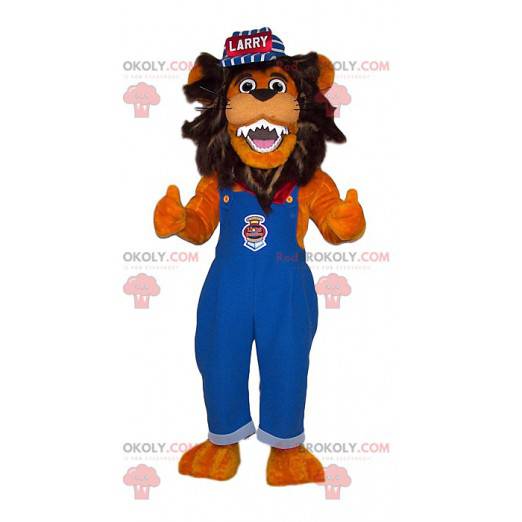 Mascota de león en mono azul y gorra - Redbrokoly.com