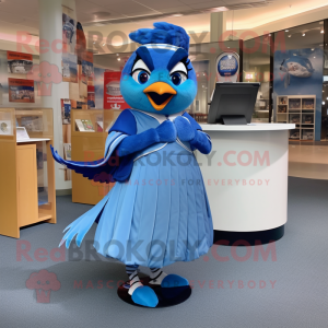 Blue Blue Jay mascot costume character dressed with a A-Line Skirt and Watches