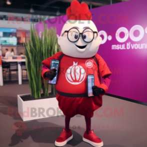 Red Onion mascot costume character dressed with a Poplin Shirt and Smartwatches