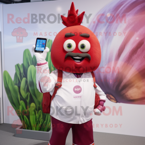 Red Onion mascot costume character dressed with a Poplin Shirt and Smartwatches