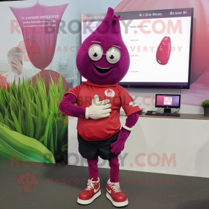 Red Onion mascot costume character dressed with a Poplin Shirt and Smartwatches