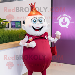 Red Onion mascot costume character dressed with a Poplin Shirt and Smartwatches