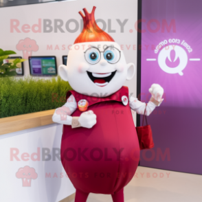 Red Onion mascot costume character dressed with a Poplin Shirt and Smartwatches