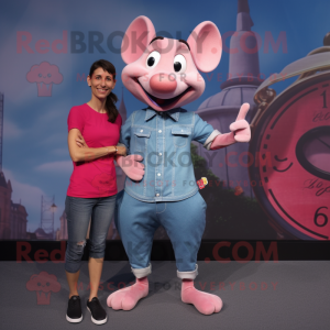 Pink Ratatouille mascot costume character dressed with a Denim Shirt and Smartwatches