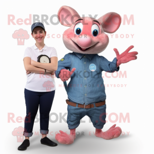 Pink Ratatouille mascot costume character dressed with a Denim Shirt and Smartwatches
