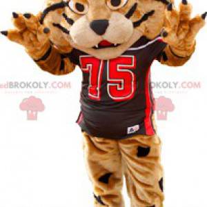 Mascote tigre marrom e preto em roupas esportivas -