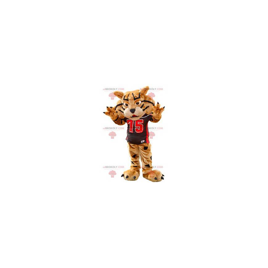 Mascotte de tigre marron et noir en tenue de sport -