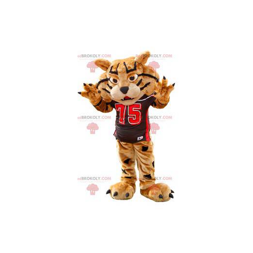 Mascote tigre marrom e preto em roupas esportivas -