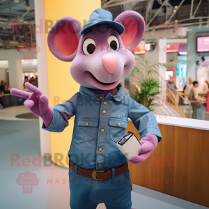 Pink Ratatouille mascot costume character dressed with a Denim Shirt and Smartwatches