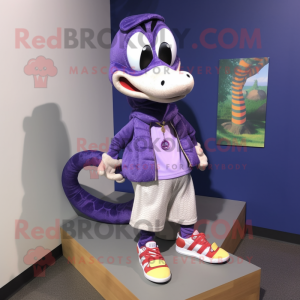 Lavender Python mascot costume character dressed with a Long Sleeve Tee and Shoe laces