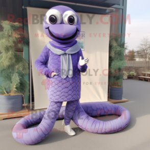 Lavender Python mascot costume character dressed with a Long Sleeve Tee and Shoe laces