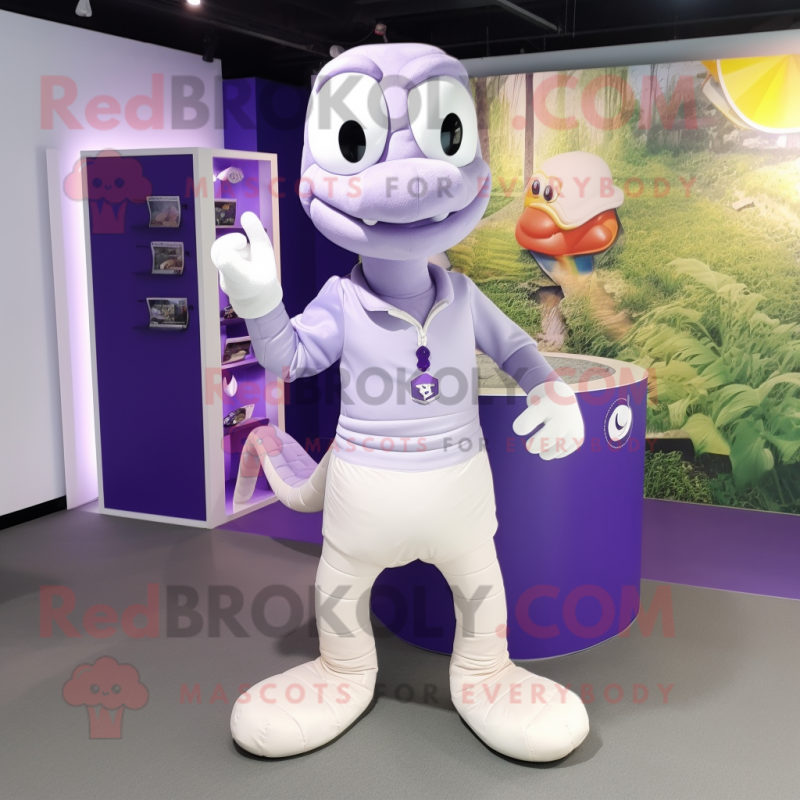 Lavender Python mascot costume character dressed with a Long Sleeve Tee and Shoe laces Lavender Python mascot costume character dressed with a Long Sleeve Tee and Shoe laces