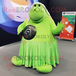 Lime Green Walrus mascot costume character dressed with a Circle Skirt and Coin purses