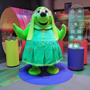 Lime Green Walrus mascot costume character dressed with a Circle Skirt and Coin purses