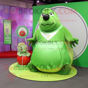 Lime Green Walrus mascot costume character dressed with a Circle Skirt and Coin purses