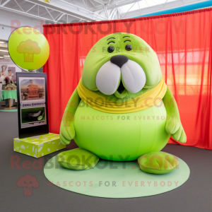 Lime Green Walrus mascot costume character dressed with a Circle Skirt and Coin purses