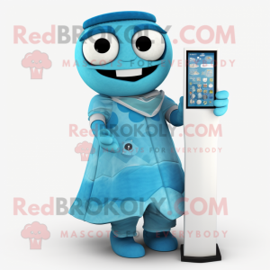 Cyan Hourglass mascot costume character dressed with a Wrap Dress and Mittens