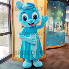 Cyan Hourglass mascot costume character dressed with a Wrap Dress and Mittens