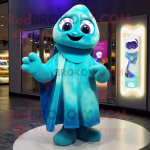 Cyan Hourglass mascot costume character dressed with a Wrap Dress and Mittens