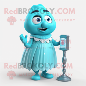 Cyan Hourglass mascot costume character dressed with a Wrap Dress and Mittens