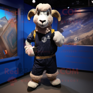 Navy Ram mascot costume character dressed with a Joggers and Backpacks