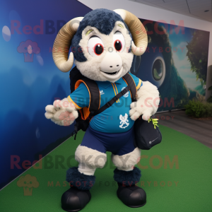Navy Ram mascot costume character dressed with a Joggers and Backpacks