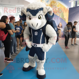 Navy Ram mascot costume character dressed with a Joggers and Backpacks
