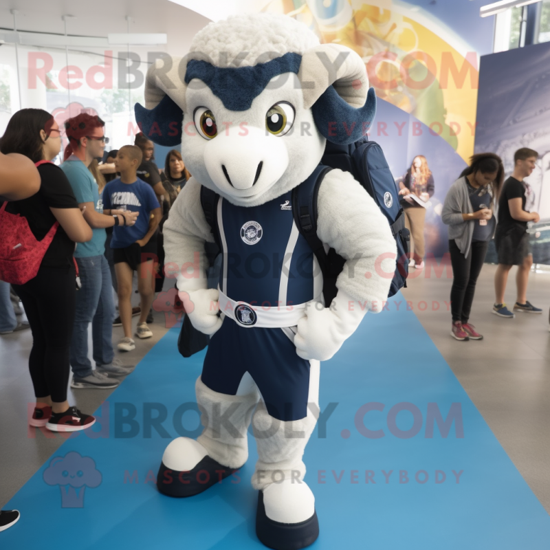 Navy Ram mascot costume character dressed with a Joggers and Backpacks Navy Ram mascot costume character dressed with a Joggers and Backpacks