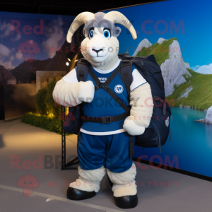 Navy Ram mascot costume character dressed with a Joggers and Backpacks