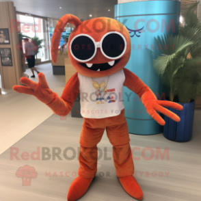 Rust Lobster mascot costume character dressed with a Dress Pants and Sunglasses