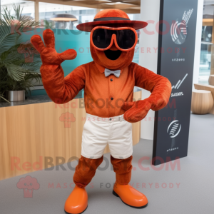Rust Lobster mascot costume character dressed with a Dress Pants and Sunglasses