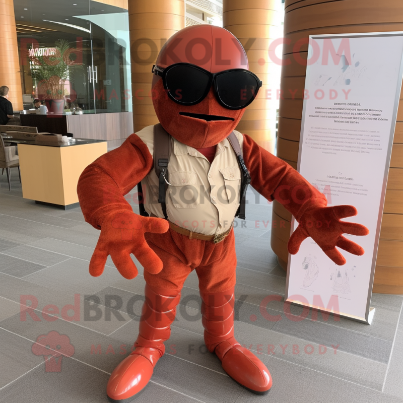 Rust Lobster mascot costume character dressed with a Dress Pants and Sunglasses