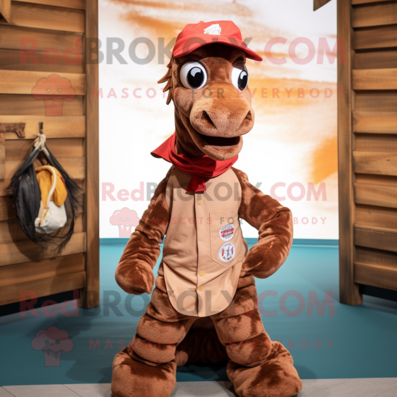 Brown Sea Horse mascot costume character dressed with a Overalls and Scarf clips