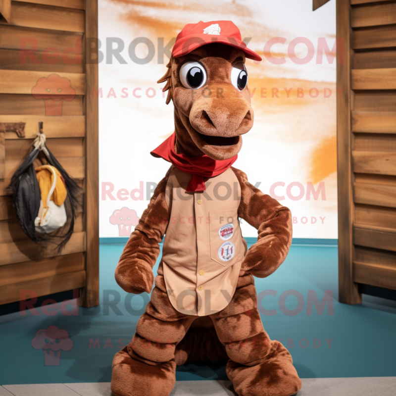 Personaje de disfraz de mascota de caballo de mar marrón vestido con un  overol y clips de bufanda - Disfraces de mascotas -  Tamaño L  (175-180 CM)